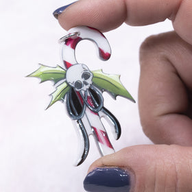 Candy Cane Christmas Pendant with Skull and with hoop 35x50mm