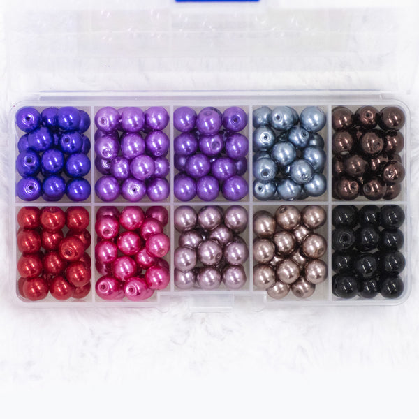 Top view of a box of These 8mm Glass Pearl Dark Spacer Beads Kits