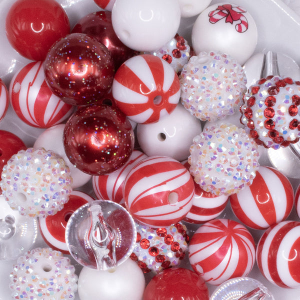 close up view of a pile of 20mm Candy Cane Lane Acrylic Bubblegum Bead Mix - 50 Count