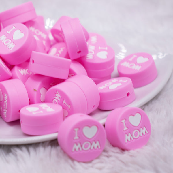 front view of I Love Mom Pink Circle Silicone Focal Bead Accessory