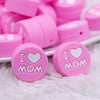 close up view of I Love Mom Pink Circle Silicone Focal Bead Accessory