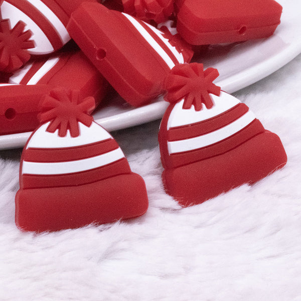 close up view of Red Beanie Winter Toboggan Silicone Focal Bead Accessory - 26mm x 27mm