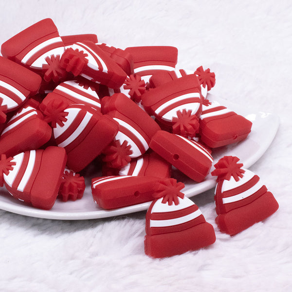 front view of Red Beanie Winter Toboggan Silicone Focal Bead Accessory - 26mm x 27mm